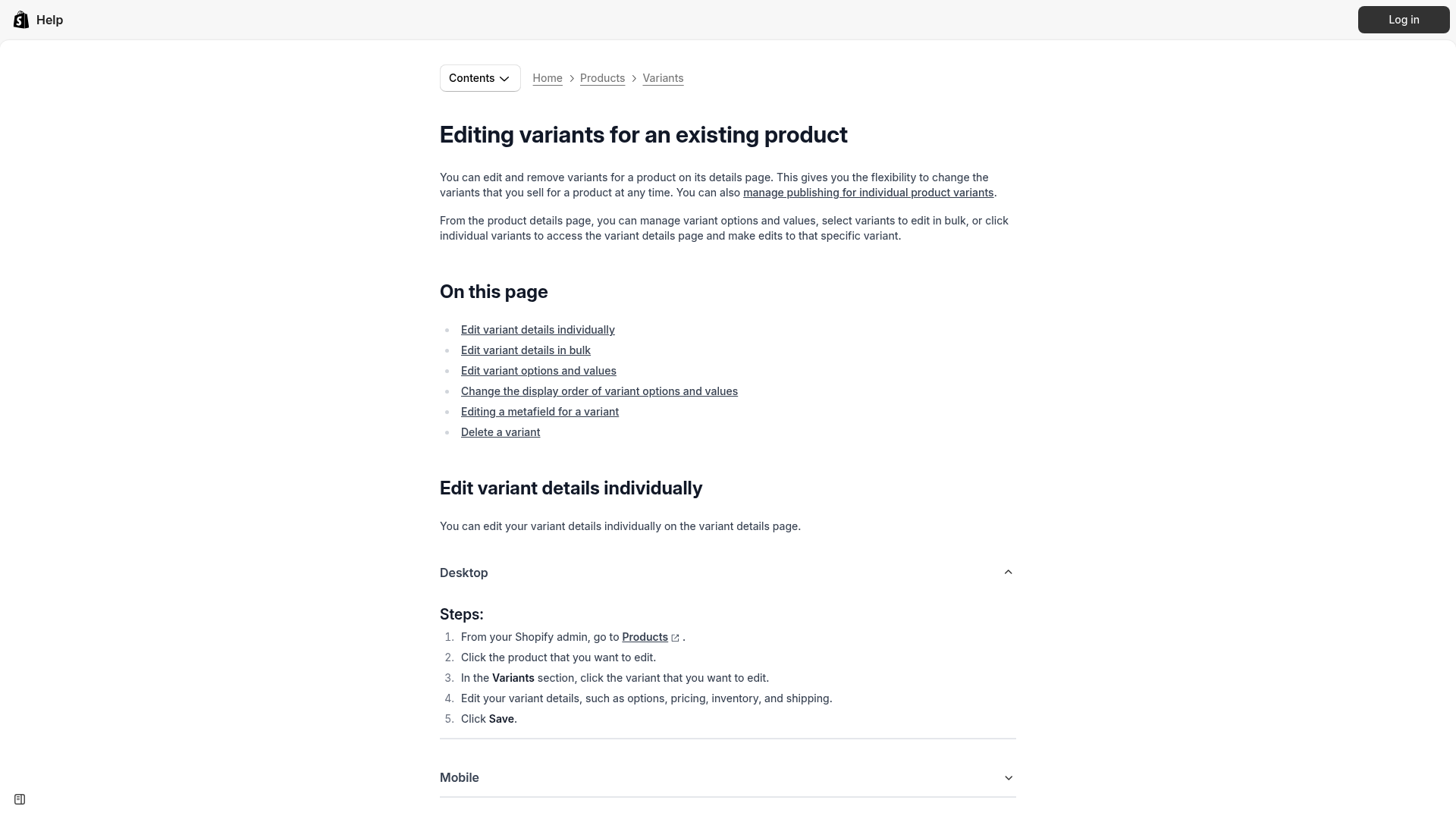 Página de ajuda da Shopify para editar variantes