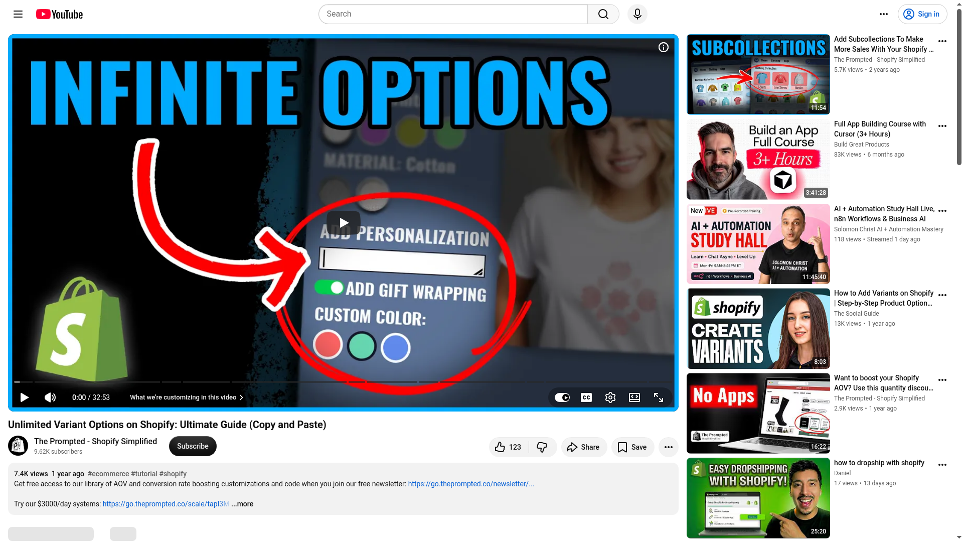 Captura de tela de vídeo sobre a complexidade de variantes na Shopify