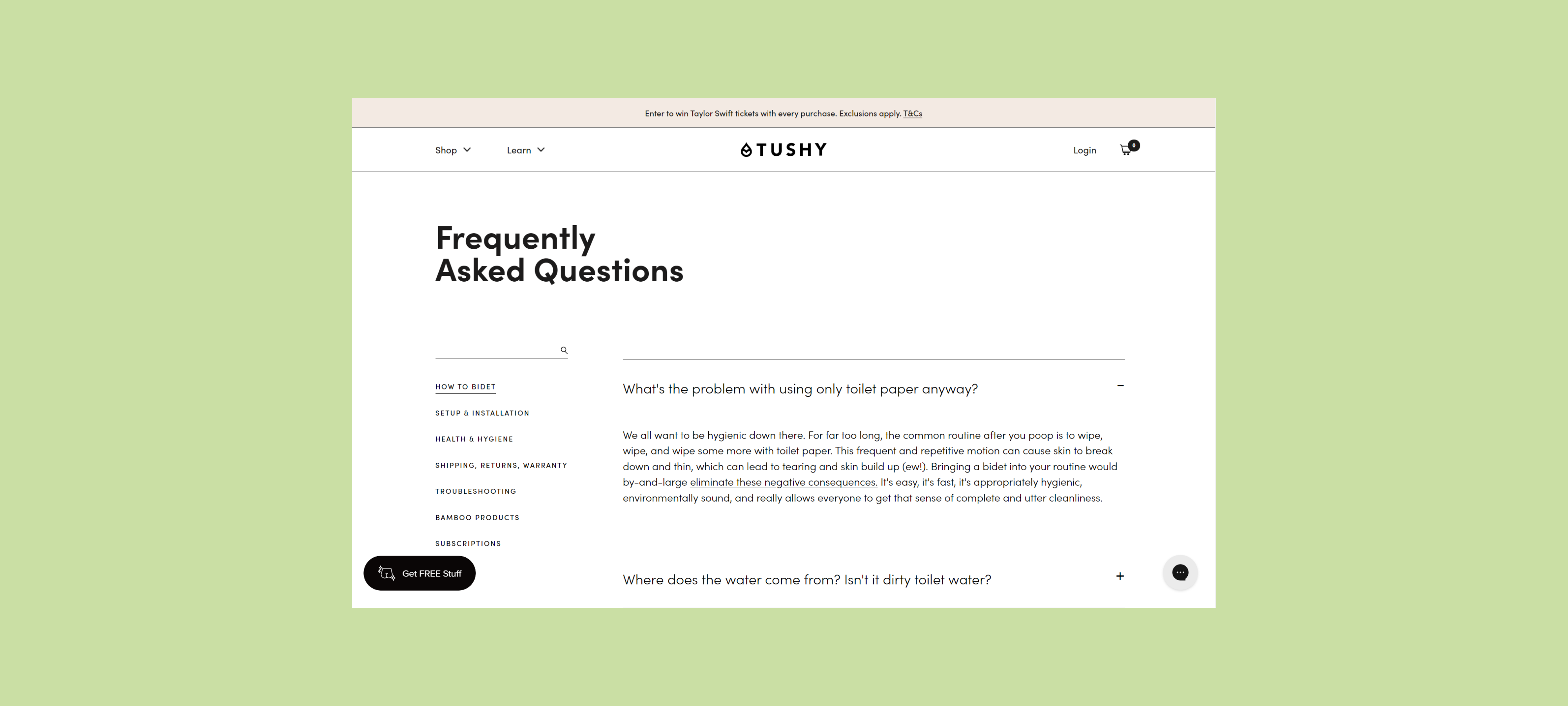 Example Shopify FAQ page design