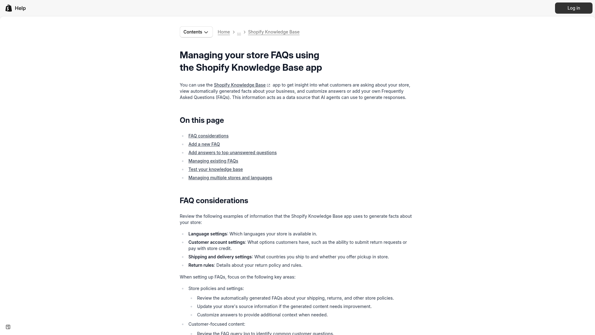 Shopify Knowledge Base FAQ management screen