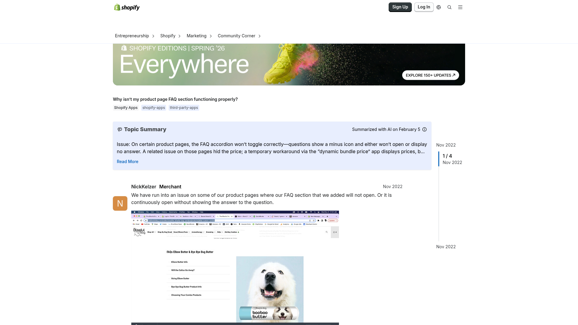 Shopify Community thread about a broken product page FAQ section