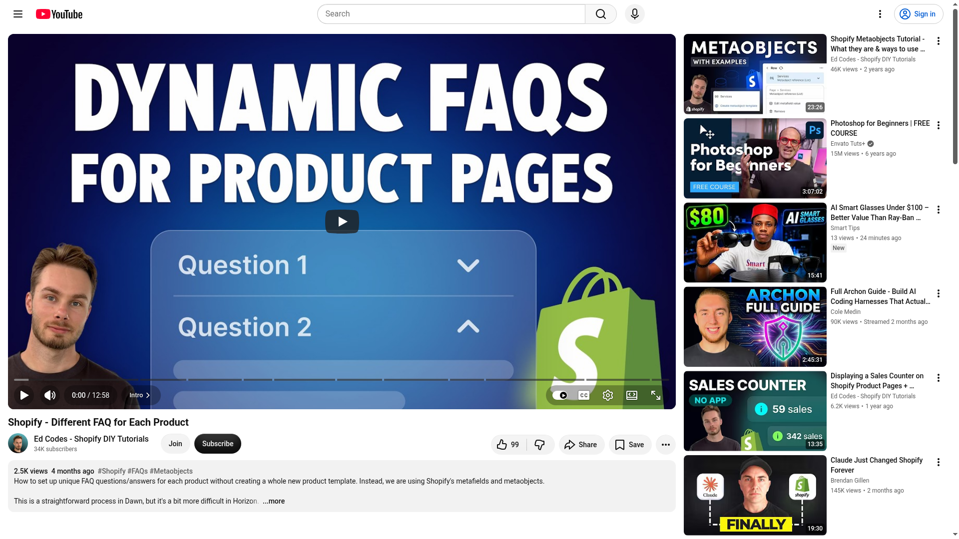 Video tutorial showing different FAQ for each Shopify product