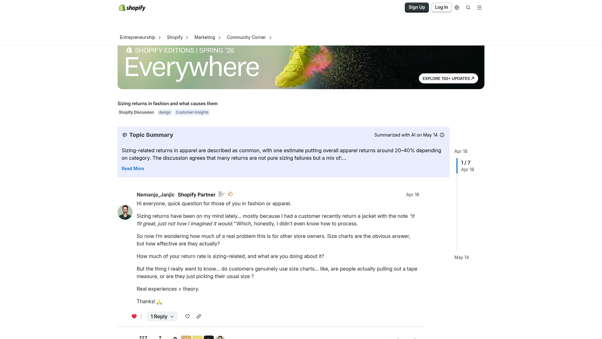 Screenshot of Shopify community discussion about sizing returns in fashion