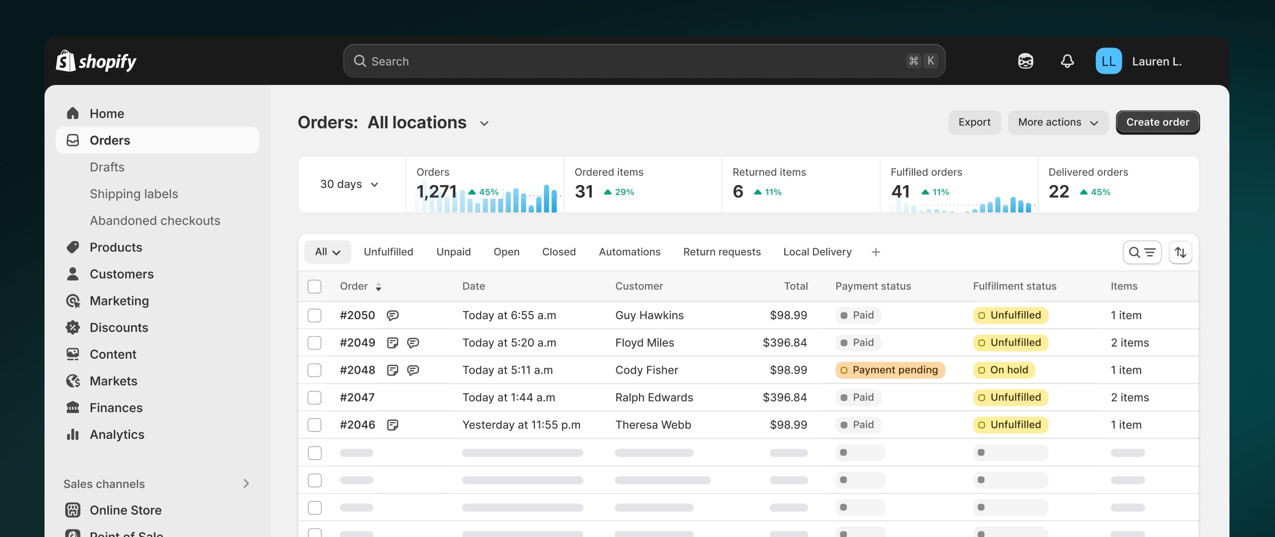 Shopify order management interface and delivery workflow