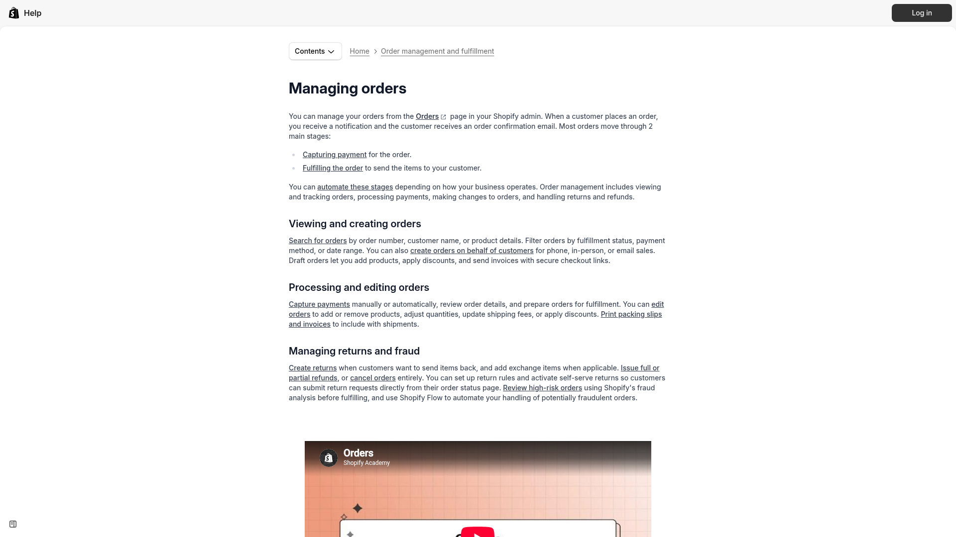 Shopify help documentation for managing orders