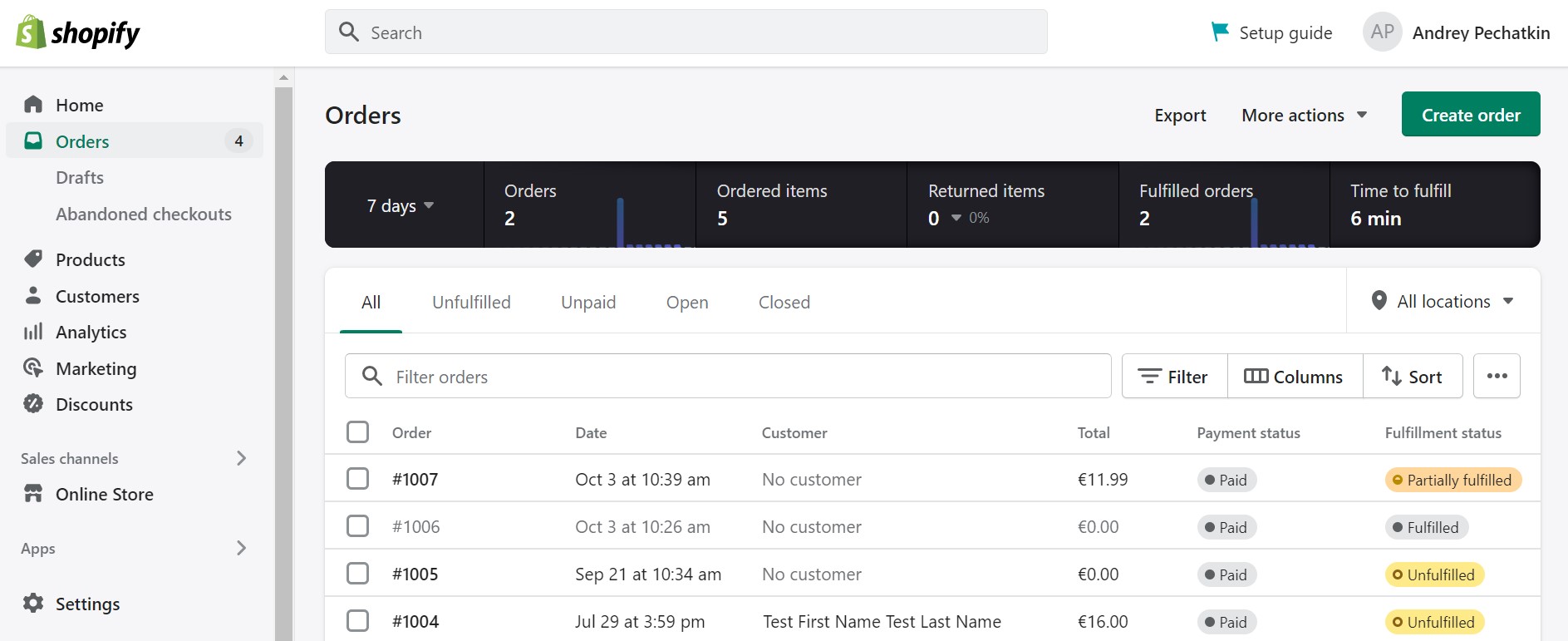 Shopify orders screen in admin