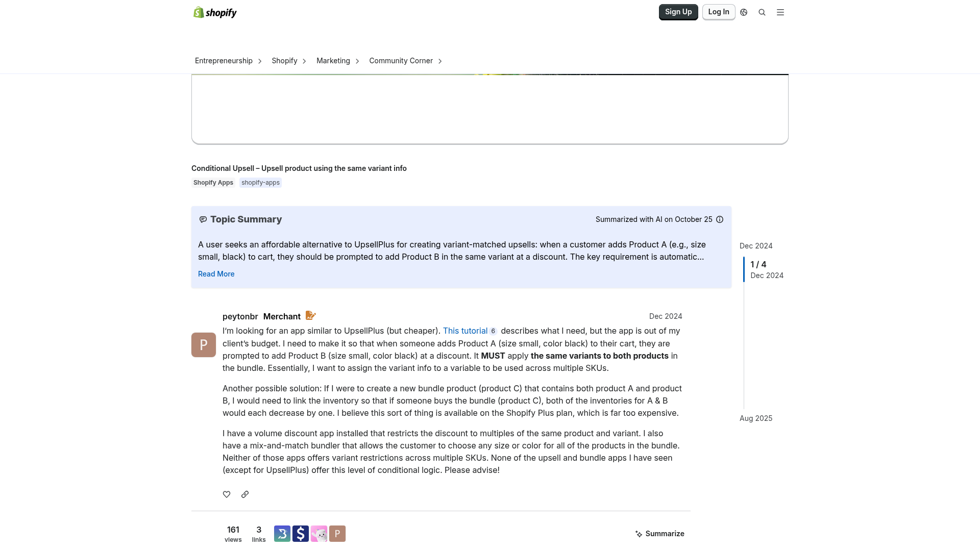 Shopify-Community-Diskussion über bedingte Upsells mit denselben Varianteninformationen