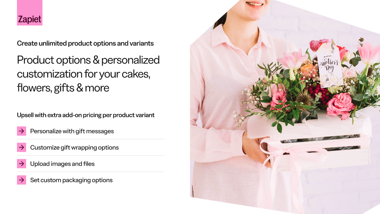 Interface van Zapiet productopties voor bloemen en cadeaus