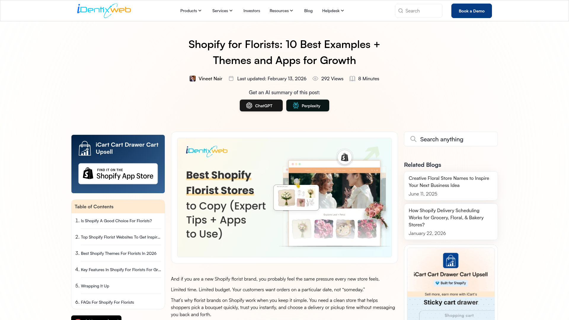 Screenshot van Shopify-thema’s en appvoorbeelden voor bloemisten