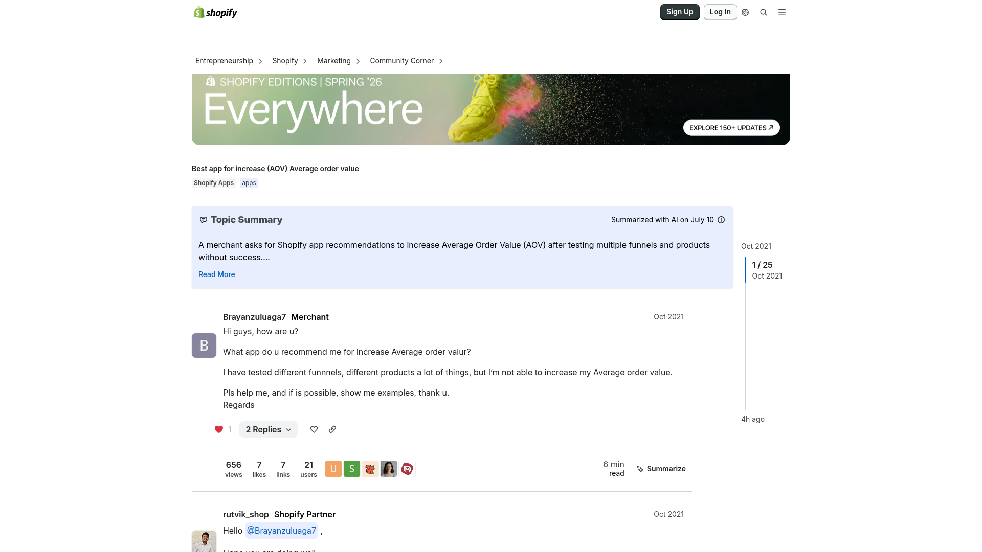 Screenshot of Shopify community discussion about increasing average order value