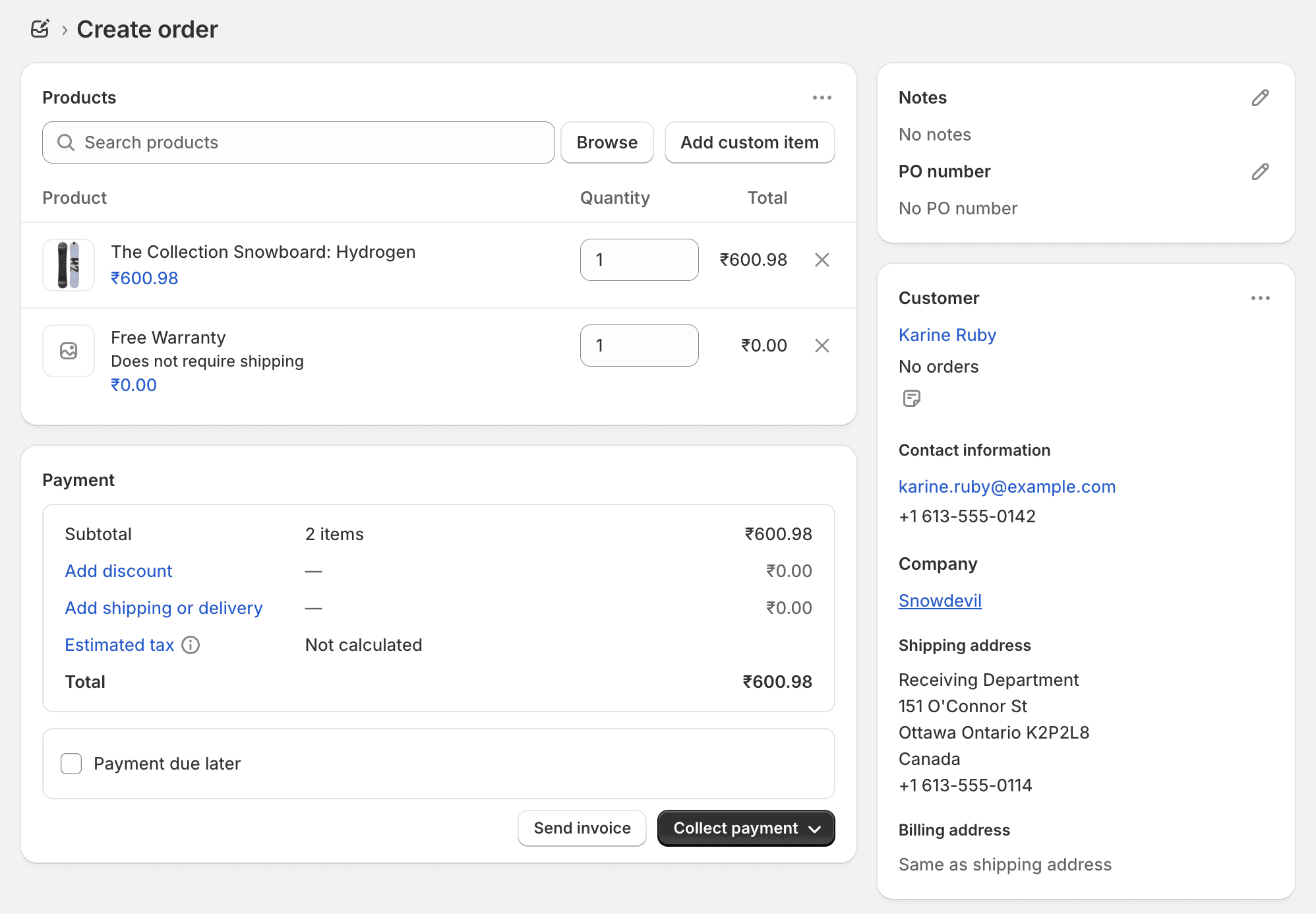 Interfaccia degli ordini bozza Shopify che mostra prezzi personalizzati e link di pagamento