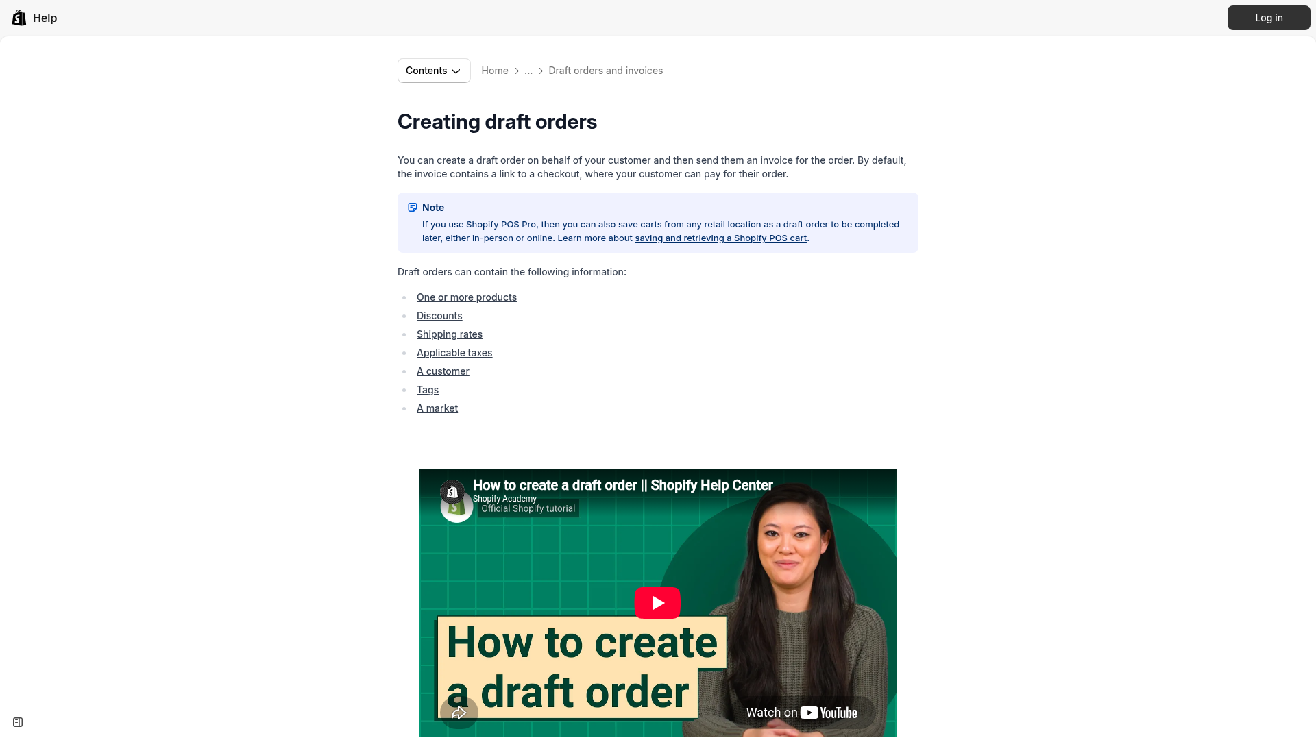 Screenshot della documentazione del Centro assistenza Shopify sugli ordini bozza