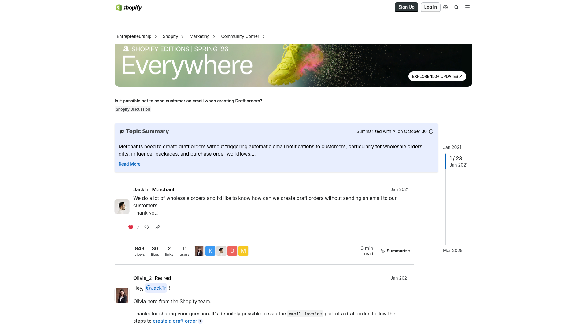 Screenshot di una discussione della Community Shopify sulle email degli ordini bozza