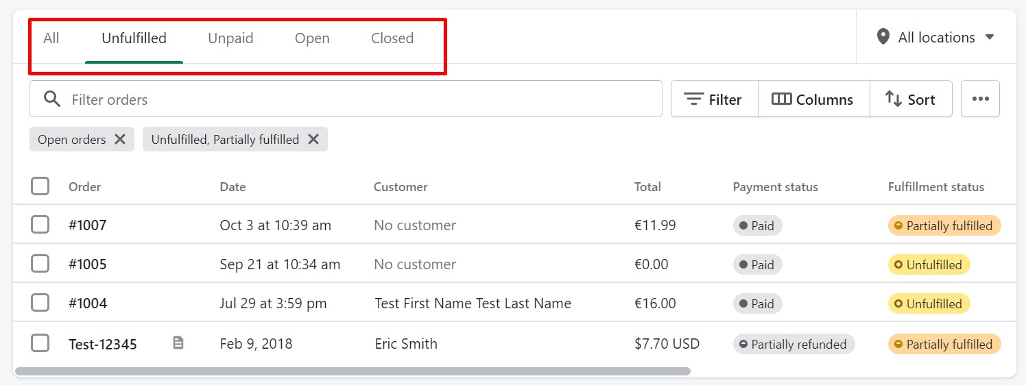 Vista ordini Shopify che mostra ordini non evasi e aperti