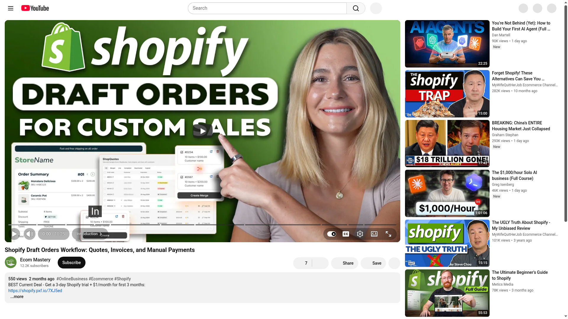 Screenshot di un video YouTube sul flusso di lavoro degli ordini bozza Shopify
