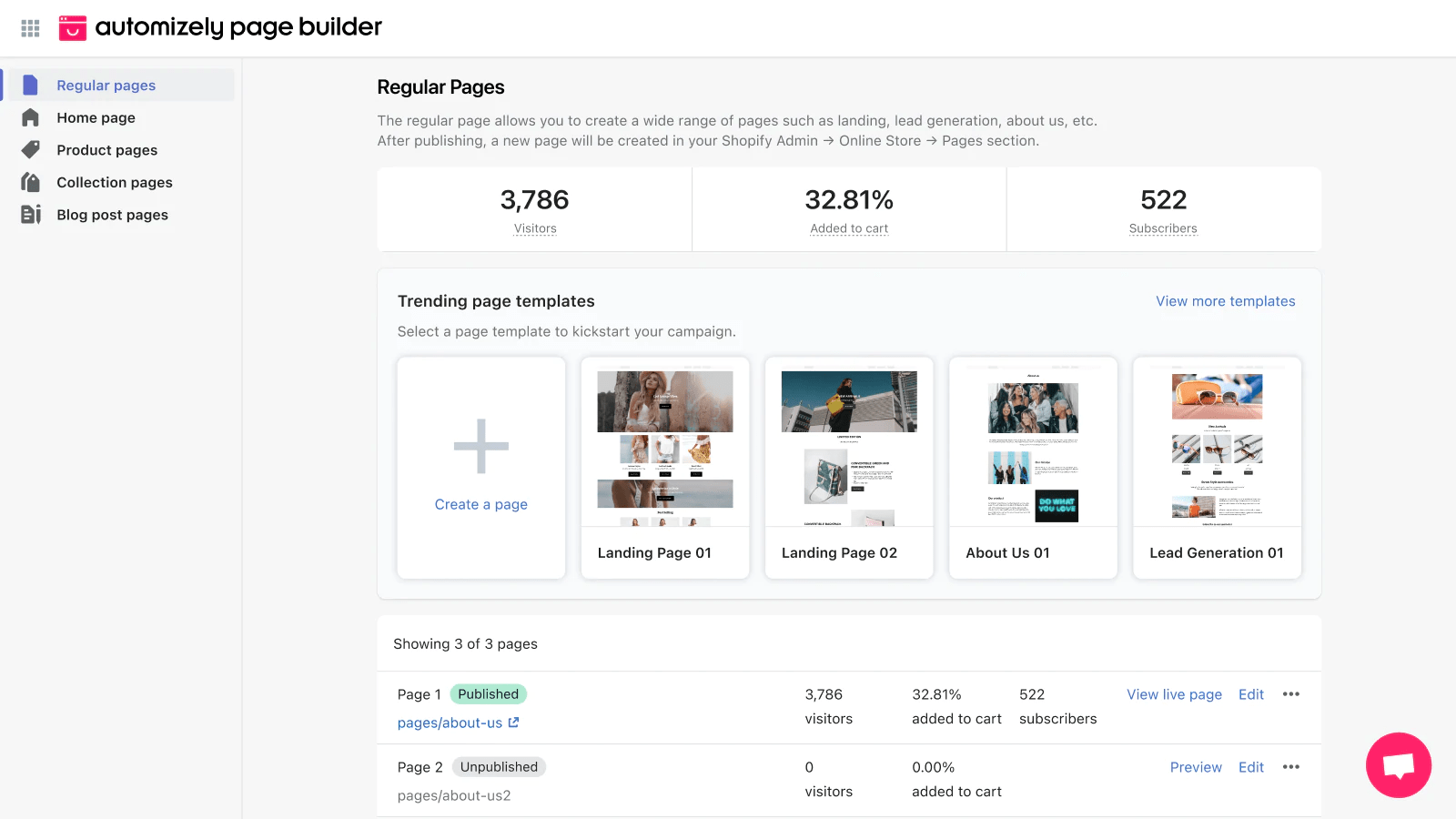 Application de création de pages Automizely