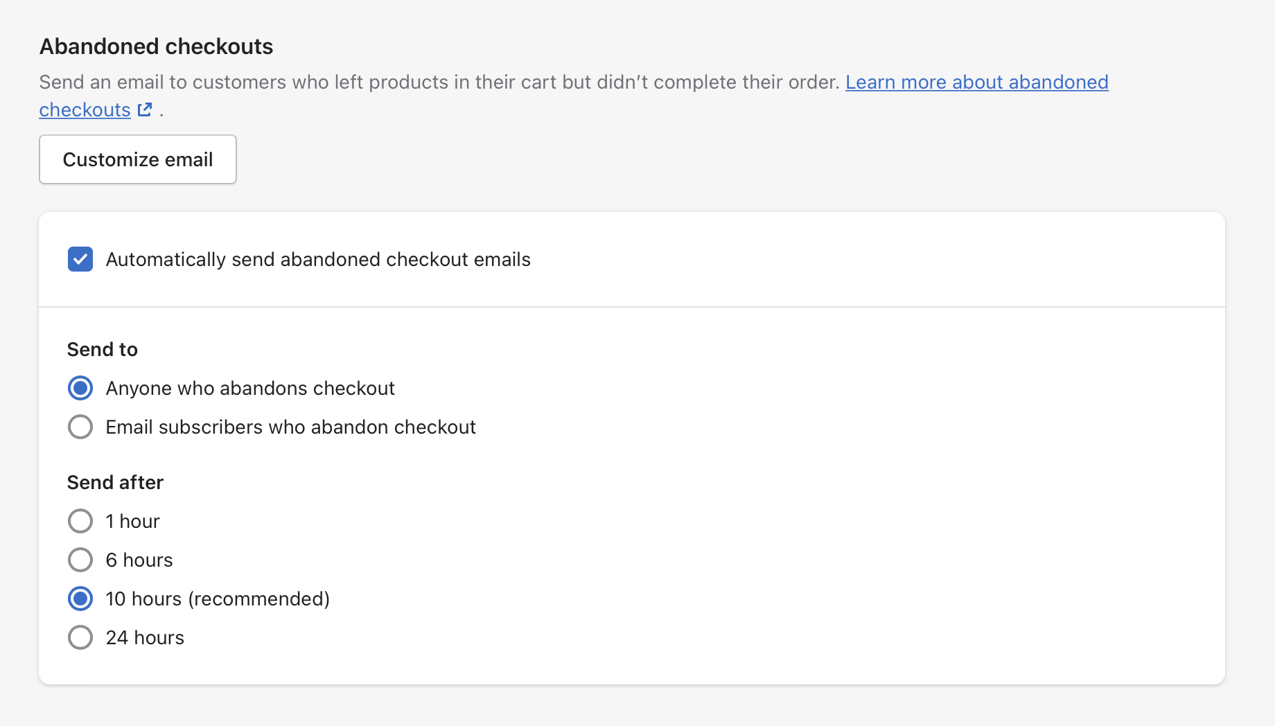 Default abandoned carts in Shopify