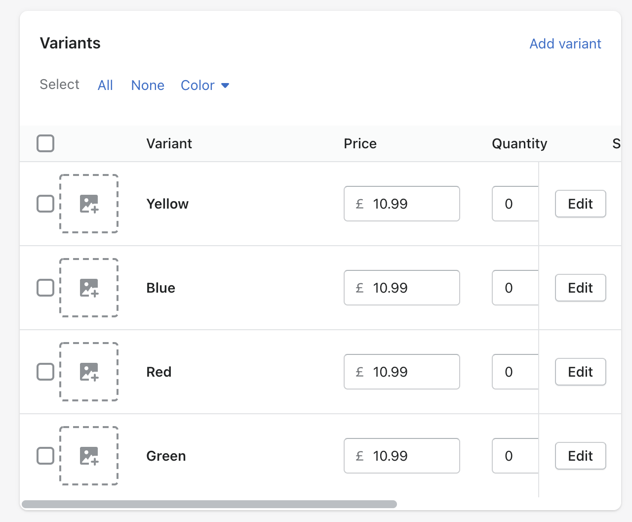 Variantes de producto de Shopify